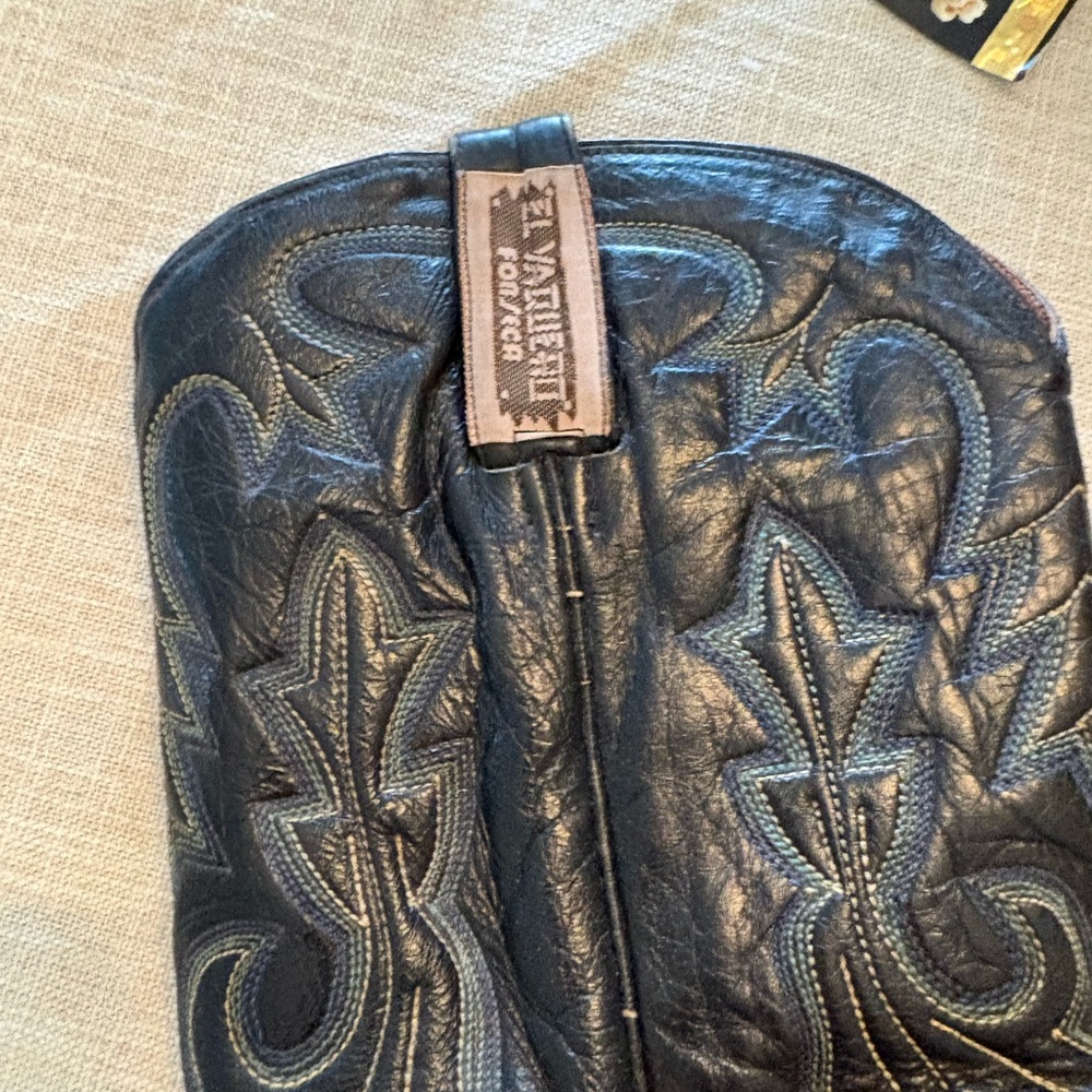 Patricia Nash Black Leather Clutch with Blue Embroidery